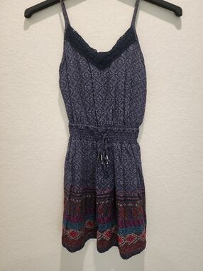 Hollister Navy Patterned Spaghetti-Strap Mini Dress with Contrast Hem